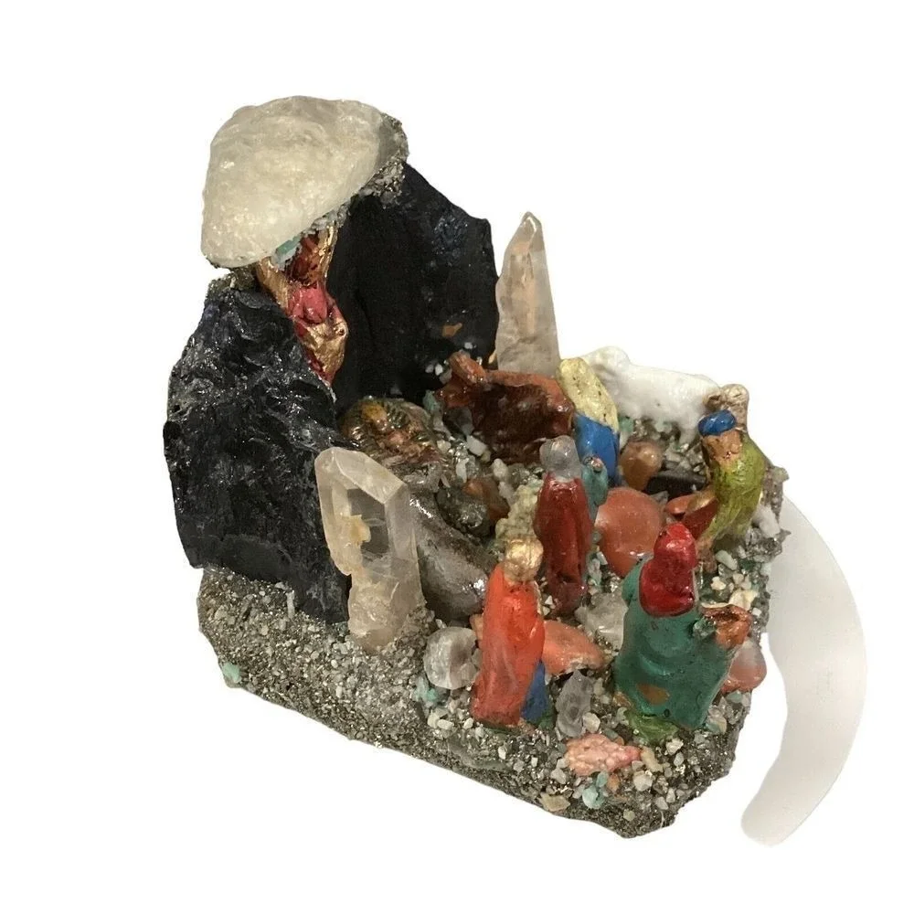 Miniature Crystal Nativity Scene Pyrite Quartz Mineral Specimen Grotto 3x3x3 in